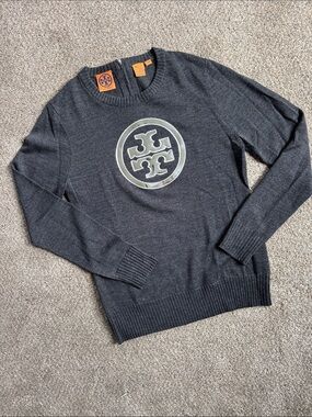 Tory Burch Charcoal Crewneck Sweater with Metallic Logo